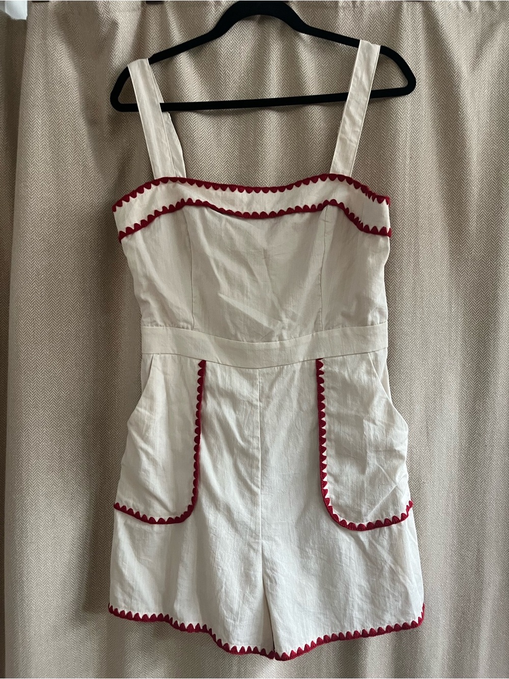 Women’s Retro Cream One-Piece Romper with Red Trim